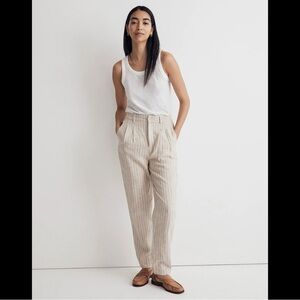 Madewell Tall Untailored Tapered Pant in 100% Striped Linen 8Tall Tan Cream